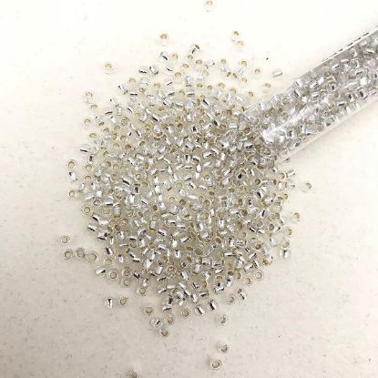 Picture of Size 8 Japanese Seed Beads, Silver Linned Crystal/Blue Splash Glow in the Dark (#2701S), Approximately 25 Grams