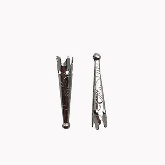 Picture of Nickel Plated Fancy Bolo Tip, 33mm x 7mm, I.D 4mm. Fits: 4 & 6 Ply Cords.